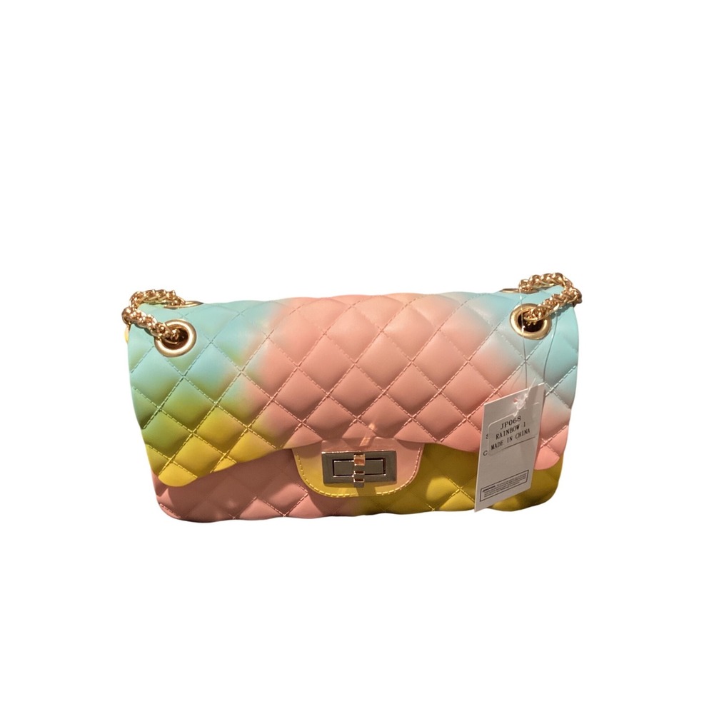 Rainbow Jelly Quilted Shoulder Bag Gold Chain‎ Pastel Ombre JP068 NEW